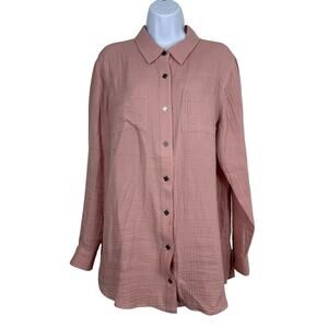 Soft Surroundings Top Womens Large Pink Slub Cotton Metal Button Down Collared